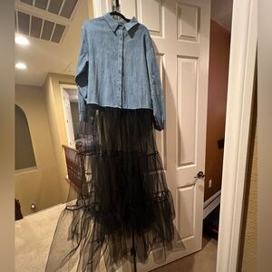 Chic Denim and Black Maxi Coat